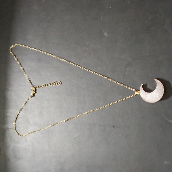 Gold Tone White Resin Crescent Moon Pendant Statement Necklace - Picture 2 of 3